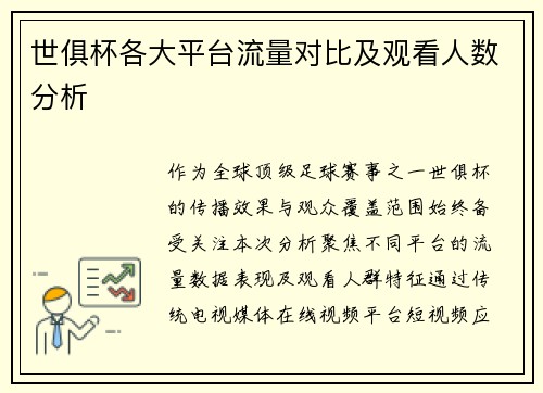 世俱杯各大平台流量对比及观看人数分析